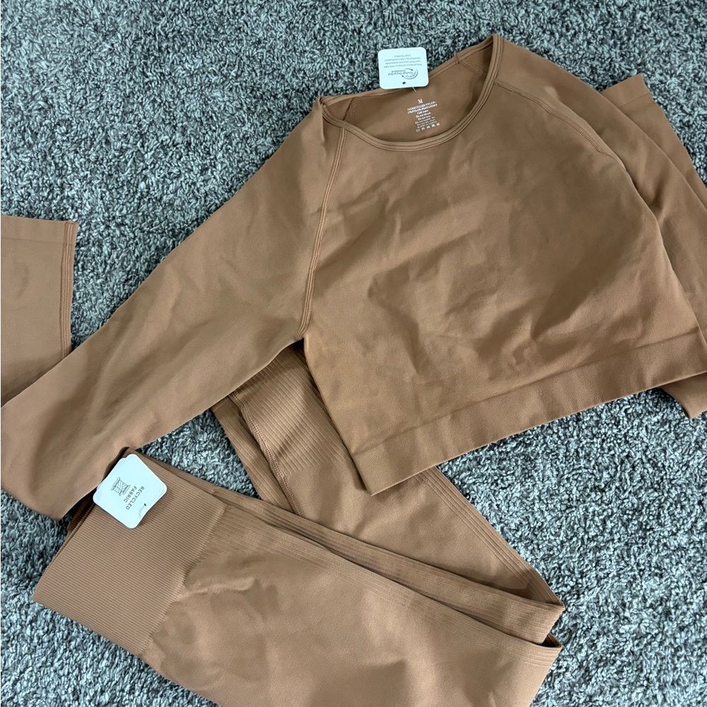 Brown Long Sleeve Crop Top and Leggings Set